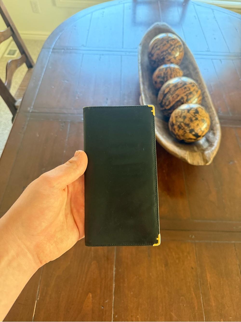 Ferragamo Black Leather Long Wallet with Gold Corner Accents Used